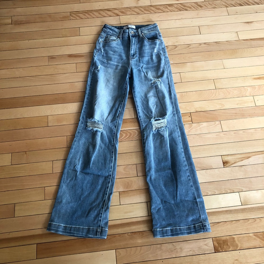 Grey Bandit 3/25 Blue distressed flare bell bottom Womens denim jeans High Rise